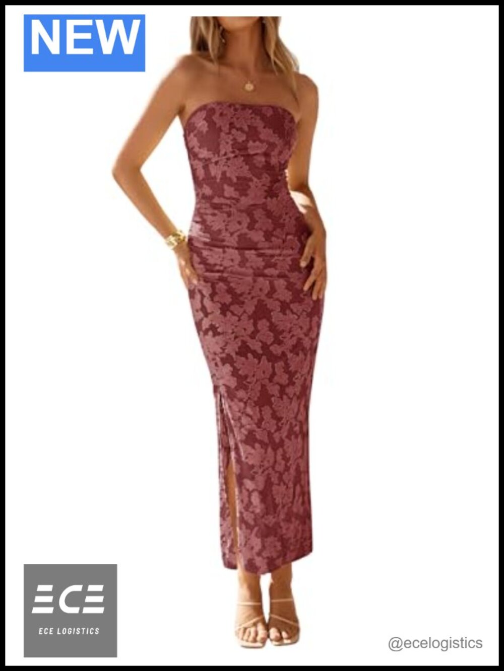 Strapless Floral Bodycon Ruched Slit Maxi Formal Cocktail Dress